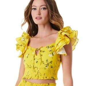 NWT ALICE + OLIVIA Shanae Tie-front Ruffle Sleeve Crop Top Yellow L MSRP $350